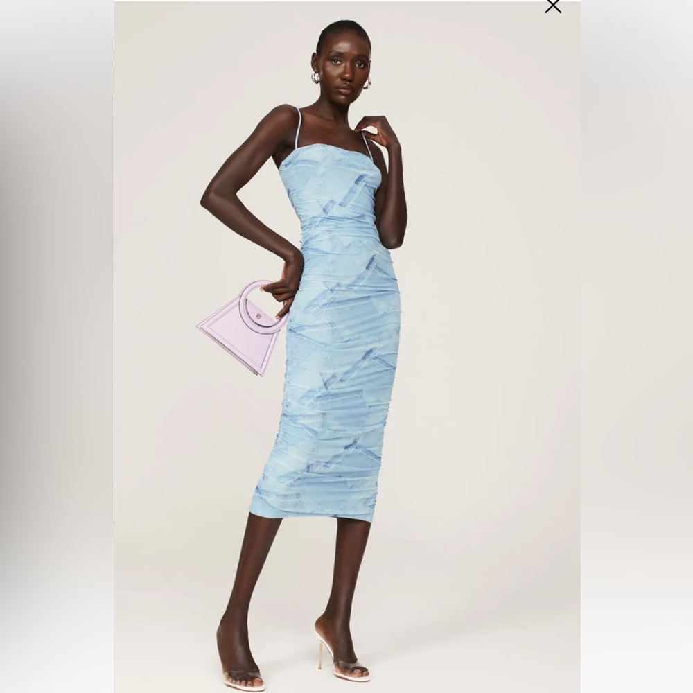 Light Blue Strapless Midi Dress - Elegant Ruched Fit